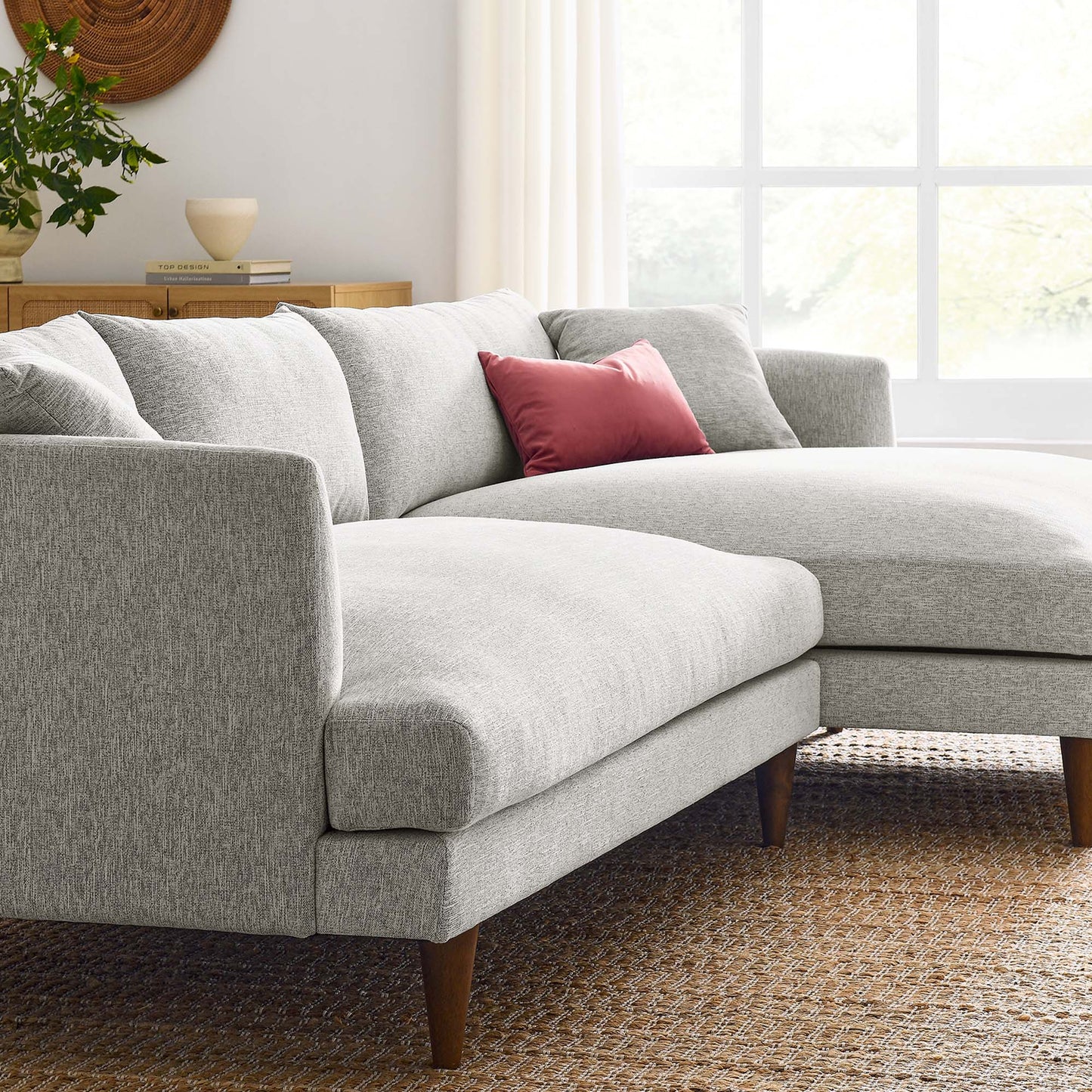 Zoya right-facing down-filled overstuffed sectional sofa in light gray fabric with wooden legs on Tampa Home & Garden Store