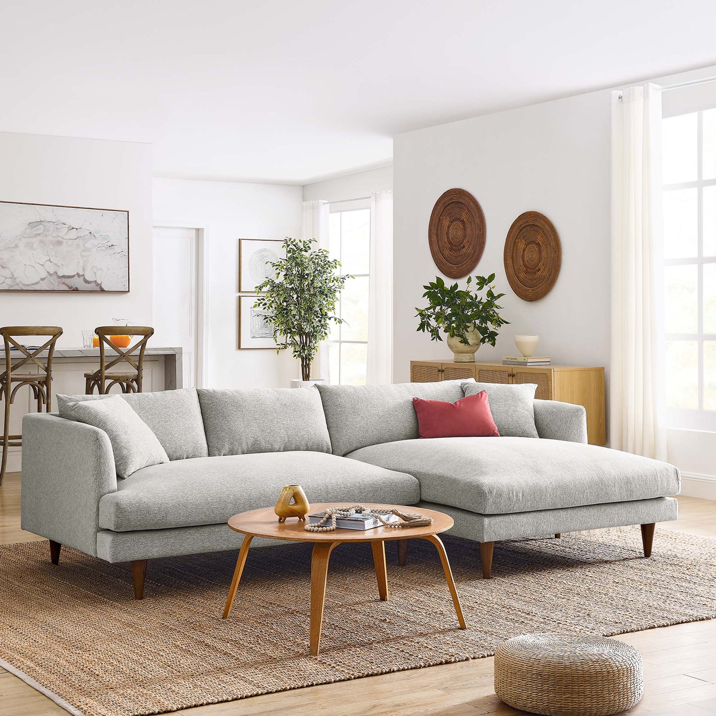 Zoya right-facing down-filled overstuffed sectional sofa in light gray upholstery on Tampa Home & Garden Store