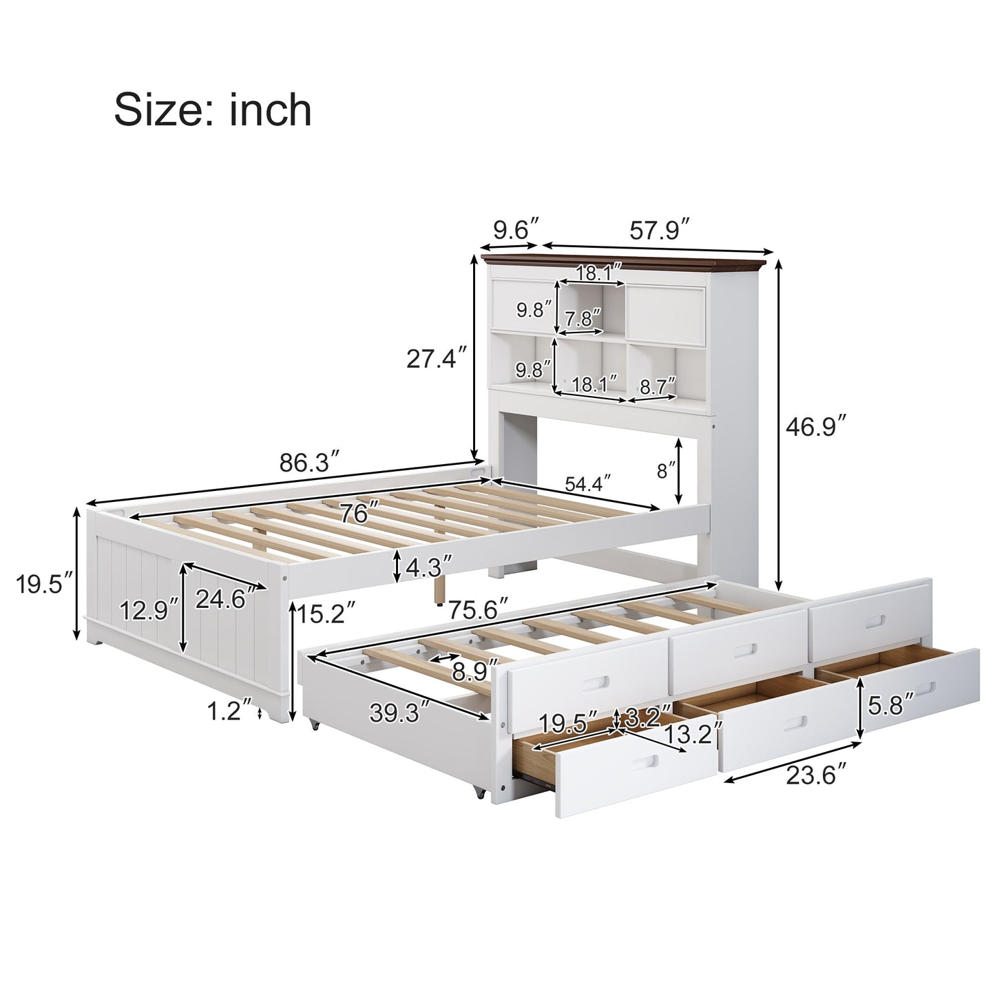 Solid Pine Captain Bookcase Bed with Trundle Bed and 3 Spacious Under Bed Drawers in Casual,Full, White+Walnut - Tampa Home & Garden Store