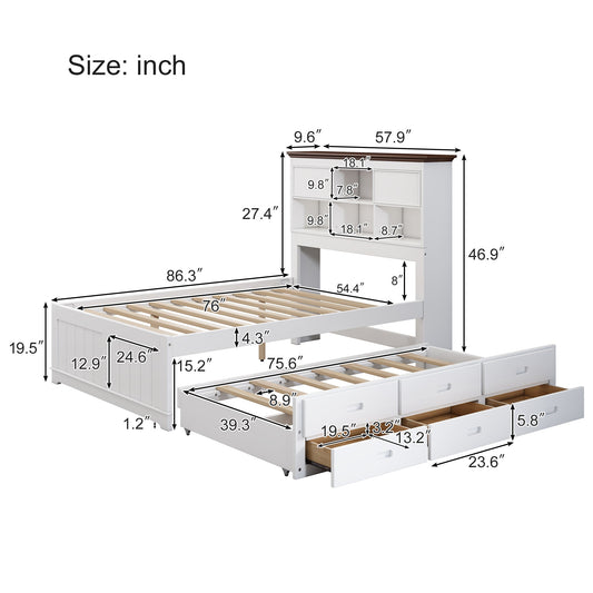 Solid Pine Captain Bookcase Bed with Trundle Bed and 3 Spacious Under Bed Drawers in Casual,Full, White+Walnut - Tampa Home & Garden Store