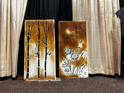 Outdoor metal privacy panels (2) rust patina with birch silhouettes and floral cutouts on Tampa Home & Garden Store