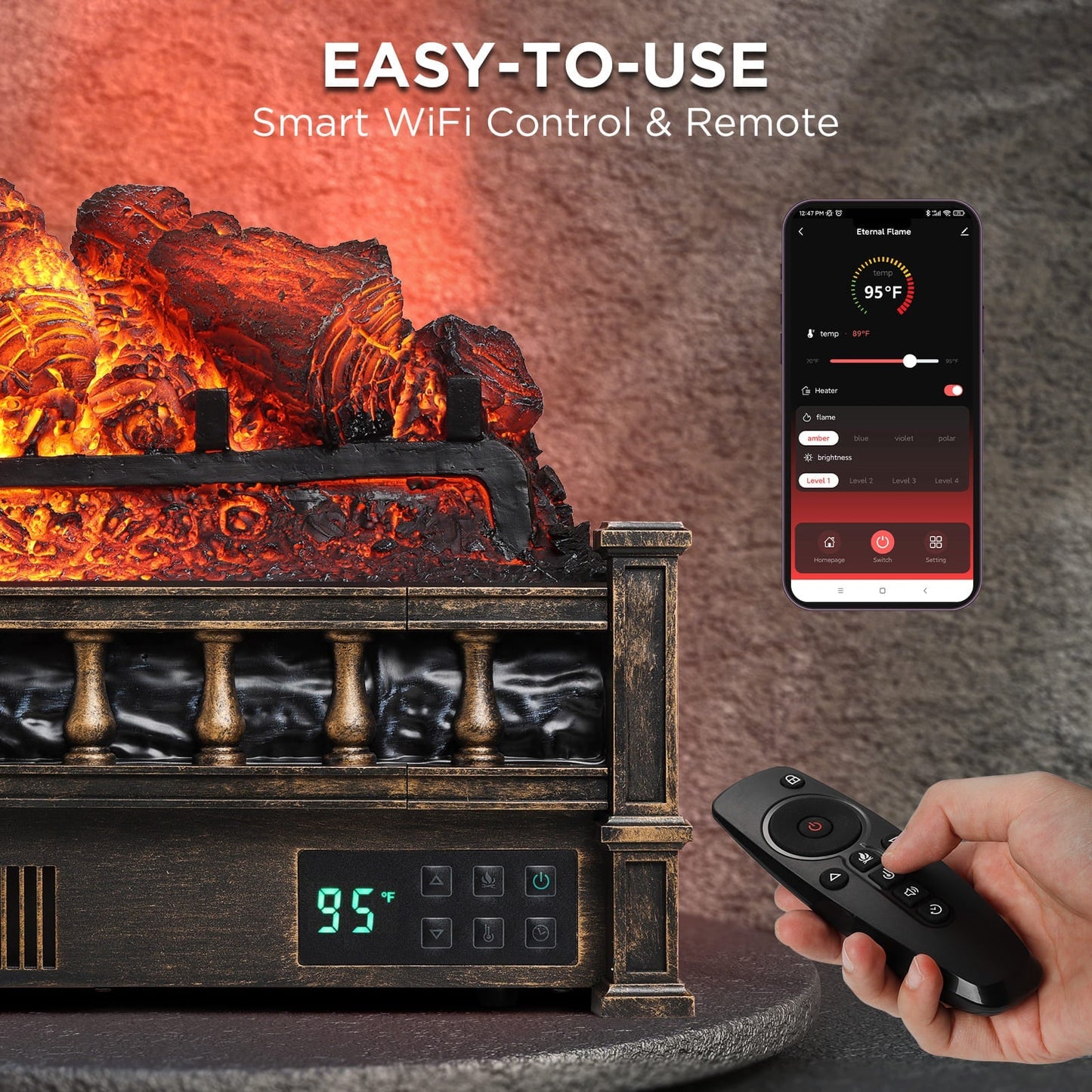 (Open Box) Eternal Flame EF26-PB Smart Electric Fireplace Logs, WiFi Enabled