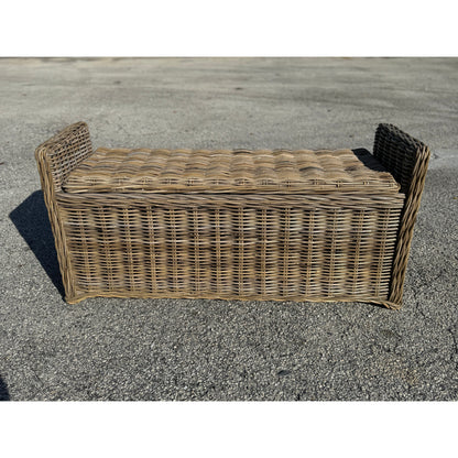 Key Largo Rattan Storage Bench by The Broward Design Center, tan woven bench on asphalt on Tampa Home & Garden Store