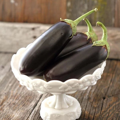 Diamond Eggplant seeds: small glossy purple eggplants resting on a white cupcake liner on Tampa Home & Garden Store