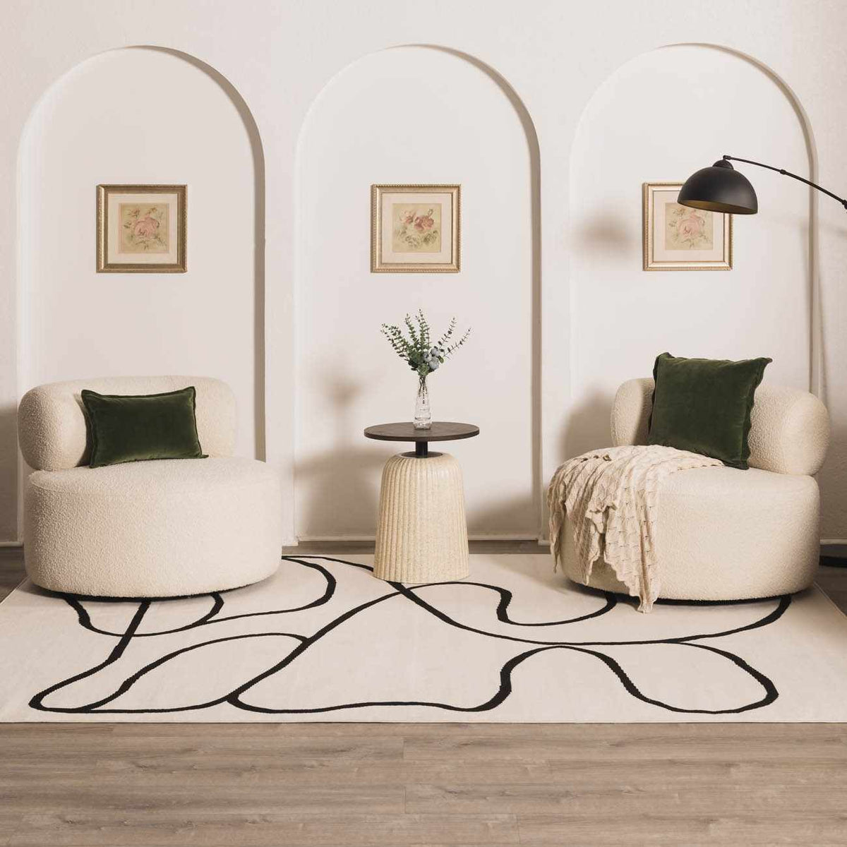 Eilir Modern Low Profile Boho Rug in cream with black abstract lines by Boutique Rugs on Tampa Home & Garden Store