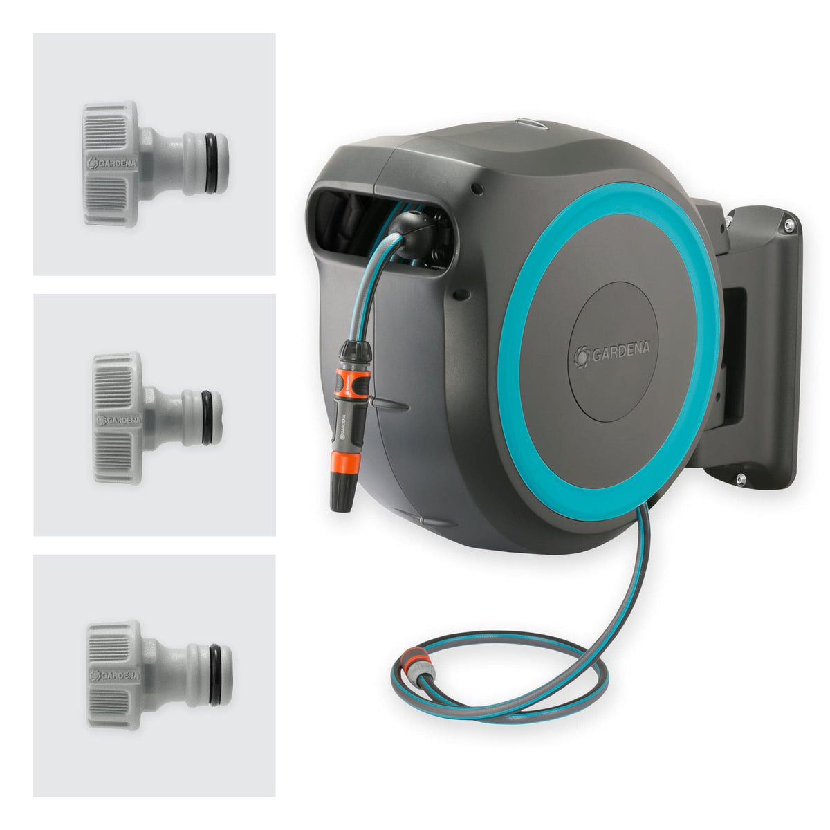 Gardena RollUp XL wall-mounted hose box with 35m retractable hose gray body turquoise ring on Tampa Home & Garden Store