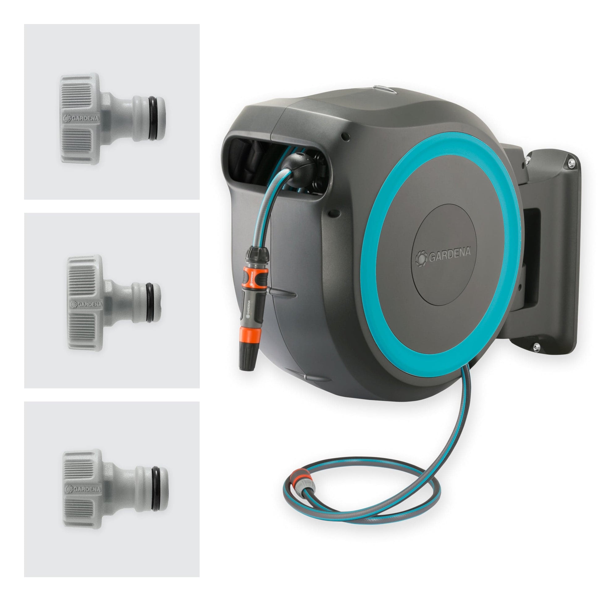 Gardena RollUp XL wall-mounted hose box with 35m retractable hose gray body turquoise ring on Tampa Home & Garden Store