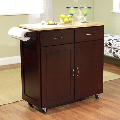 Carrito portátil de isla de cocina de 43 pulgadas de ancho con superficie de madera natural en acabado espresso