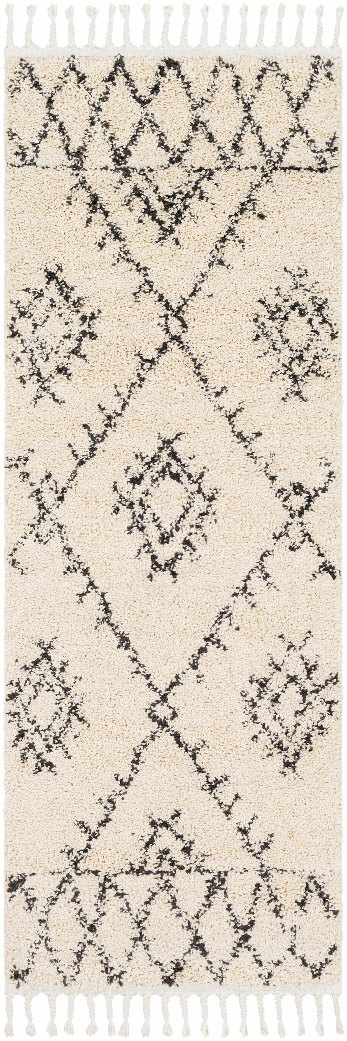 Emlenton Berber Shag Rug with Tassels black diamond pattern and fringed ends on Tampa Home & Garden Store