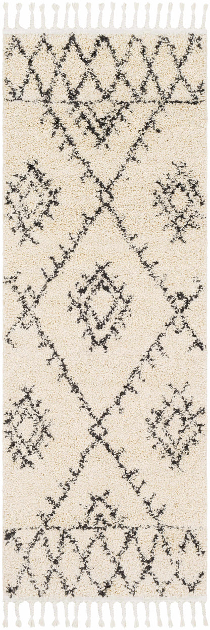 Emlenton Berber Shag Rug with Tassels black diamond pattern and fringed ends on Tampa Home & Garden Store