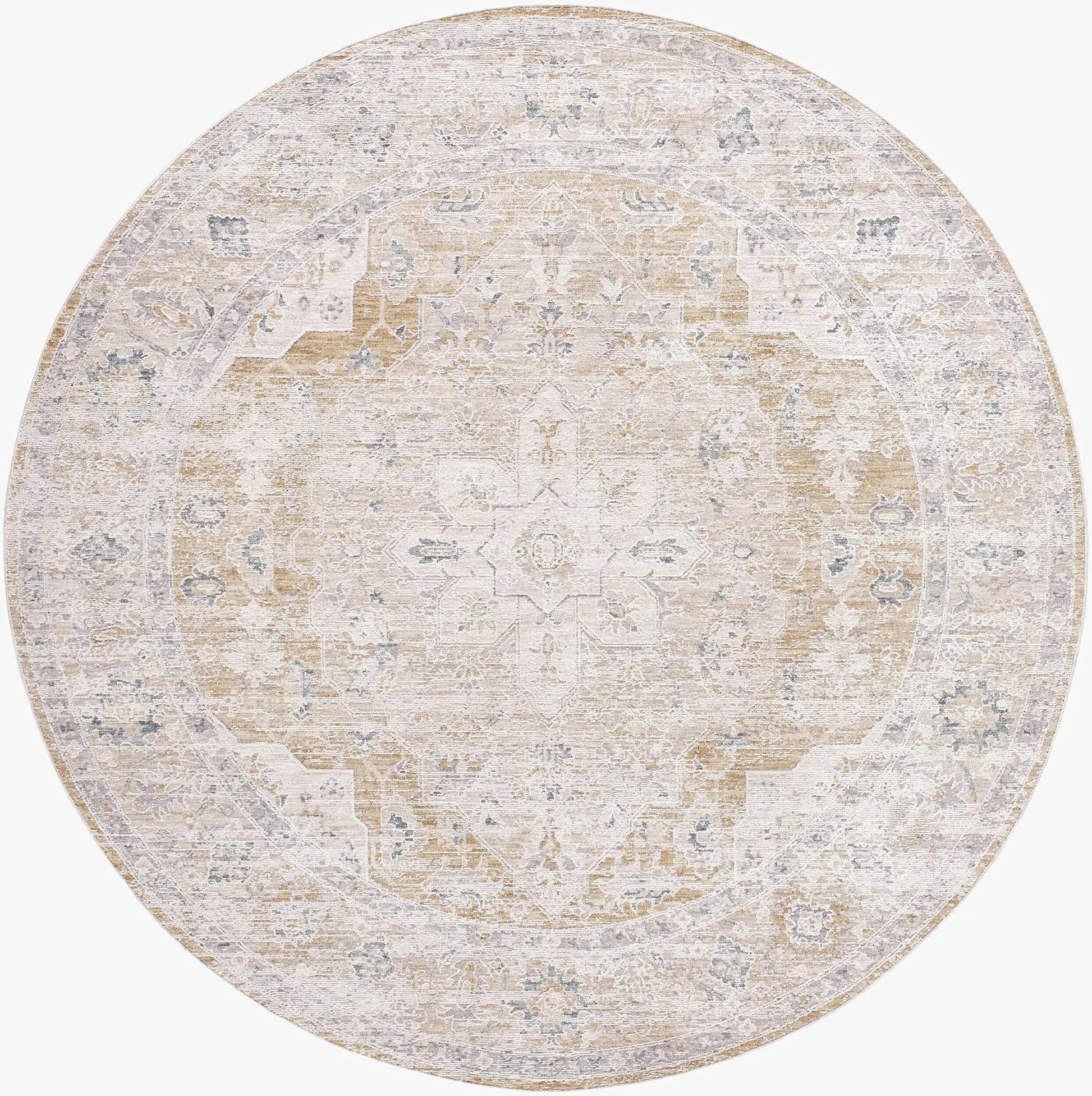 Rug Rhody Luxe Rug beige-gray distressed pattern, round shape by Boutique Rugs on Tampa Home & Garden Store