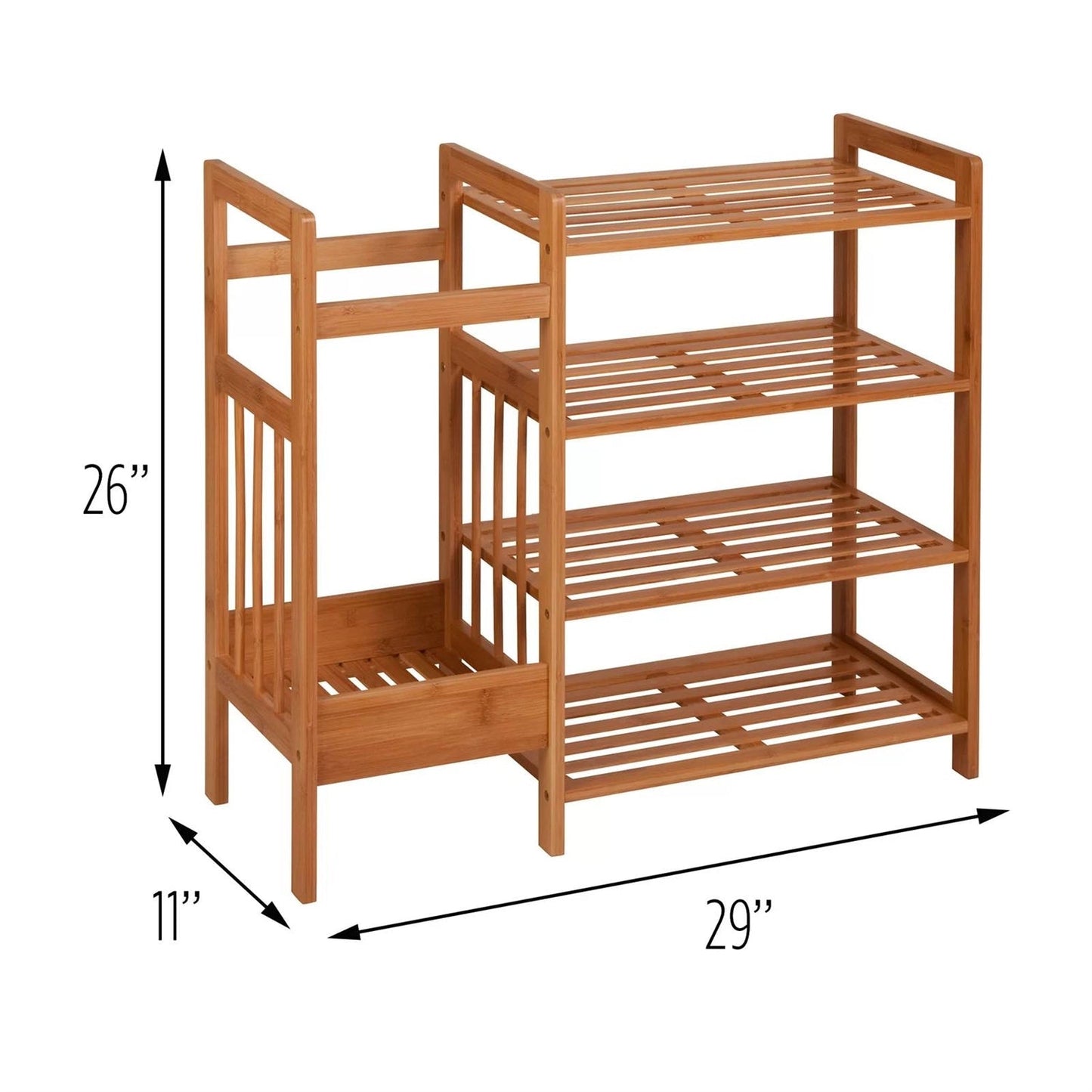 Banco zapatero de entrada de 2 estantes con estructura de metal negro y tapa de madera marrón 2 en 1, zapatero de bambú de 4 estantes y paragüero