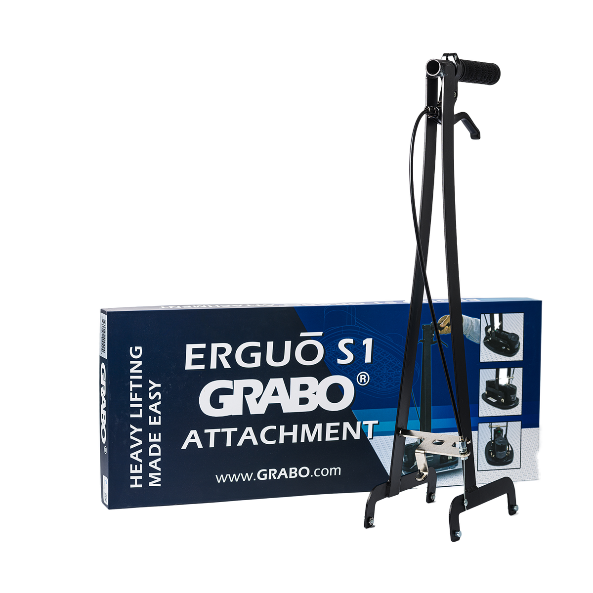 ERGUO S1 Ergonomic Extension Arm, black steel suction gripster accessory beside GRABO box on Tampa Home & Garden Store