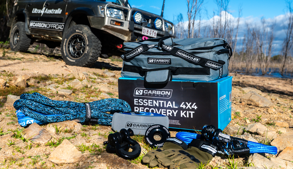 Essential 4x4 Recovery Kit by Carbon Offroad USA with blue recovery rope and compact bag on Tampa Home & Garden Store