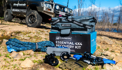 Essential 4x4 Recovery Kit by Carbon Offroad USA with blue recovery rope and compact bag on Tampa Home & Garden Store