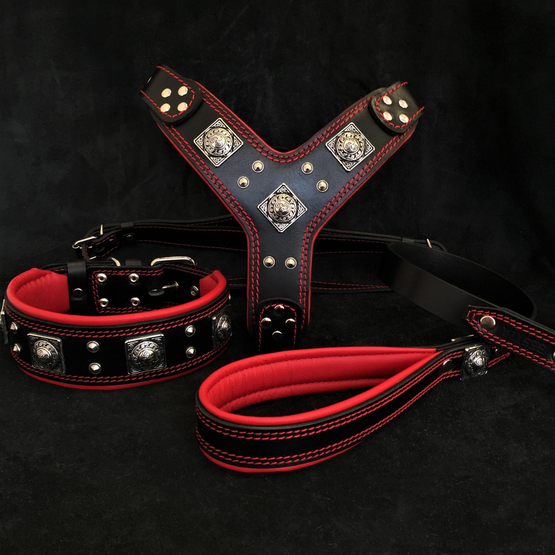 "EROS" BIG dog SET- Harness - collar - lead. Black & Red - Tampa Home & Garden Store