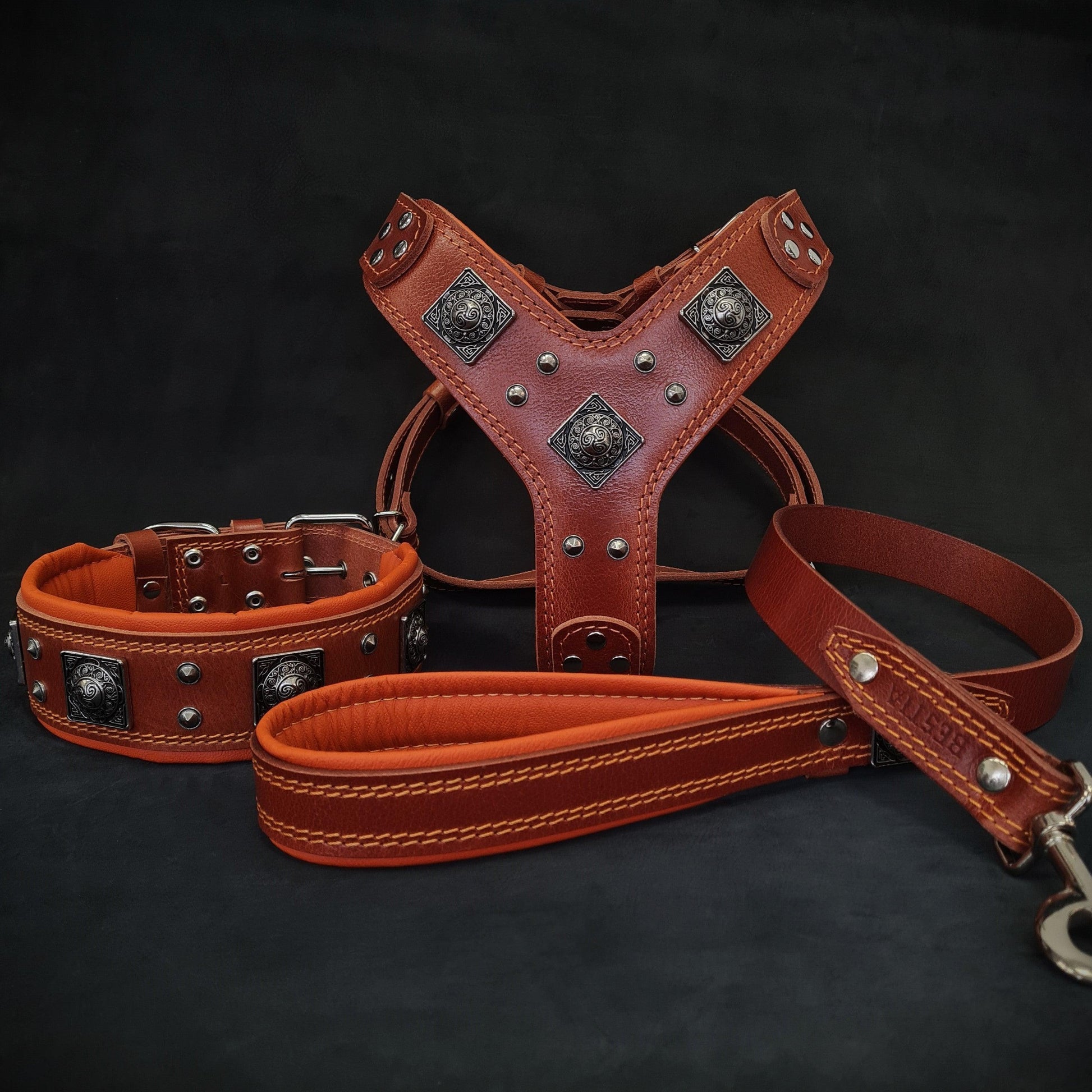 "EROS" BIG dog SET- Harness - collar - lead. Brown & Orange - Tampa Home & Garden Store