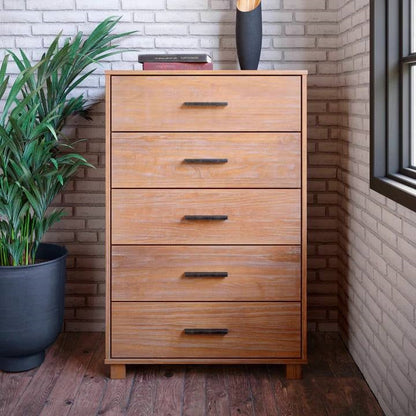 HomePacific Modern Farmhouse solid wood 5-drawer bedroom chest in light brown finish on Tampa Home & Garden Store