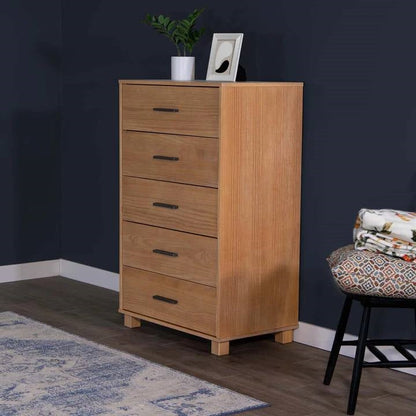 Modern Farmhouse Solid Wood 5-Drawer Chest light brown finish with black pulls HomePacific on Tampa Home & Garden Store