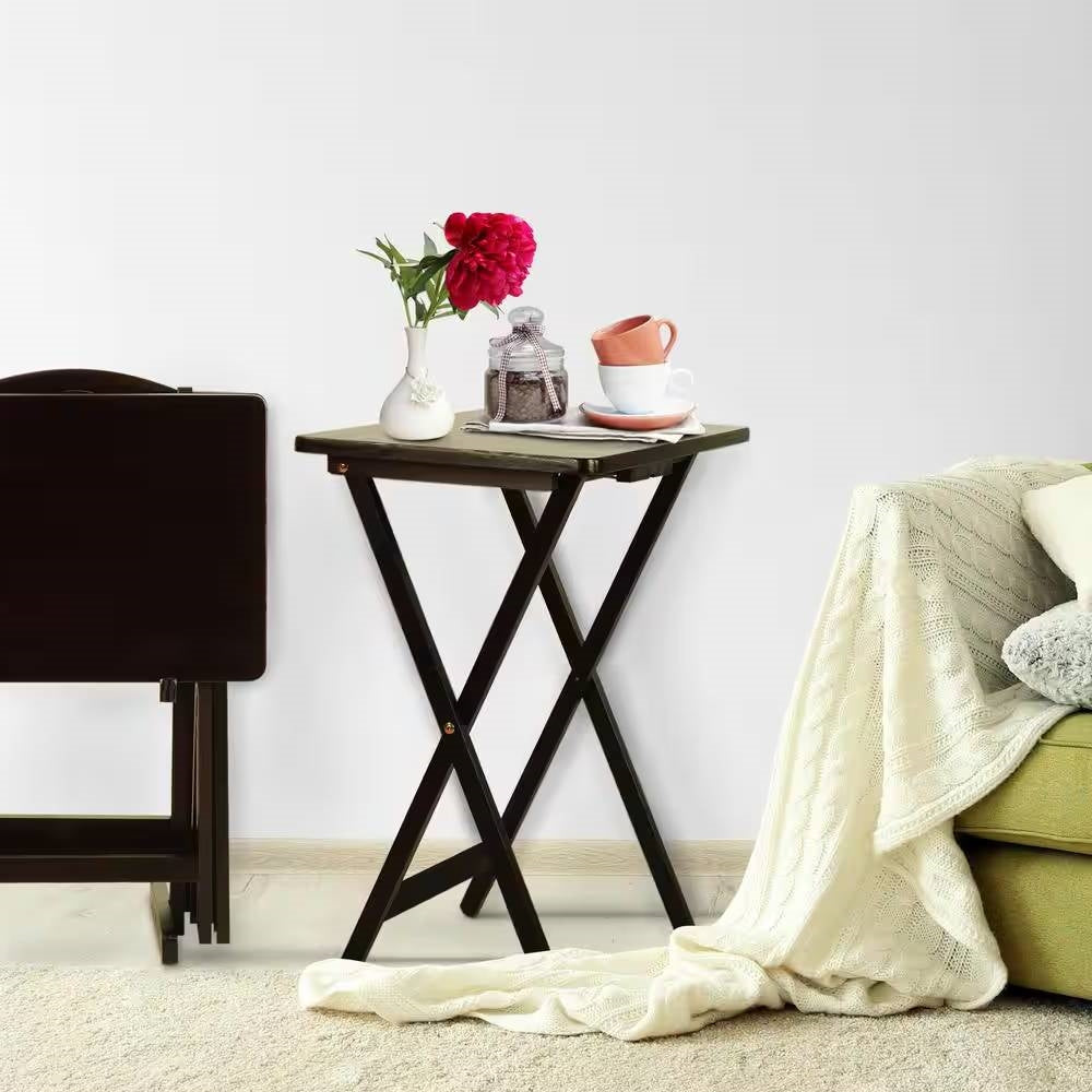 Juego de 4 - Juego de mesas plegables para TV con soporte, acabado de madera en color marrón oscuro