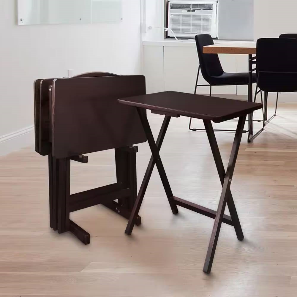 Juego de 4 - Juego de mesas plegables para TV con soporte, acabado de madera en color marrón oscuro