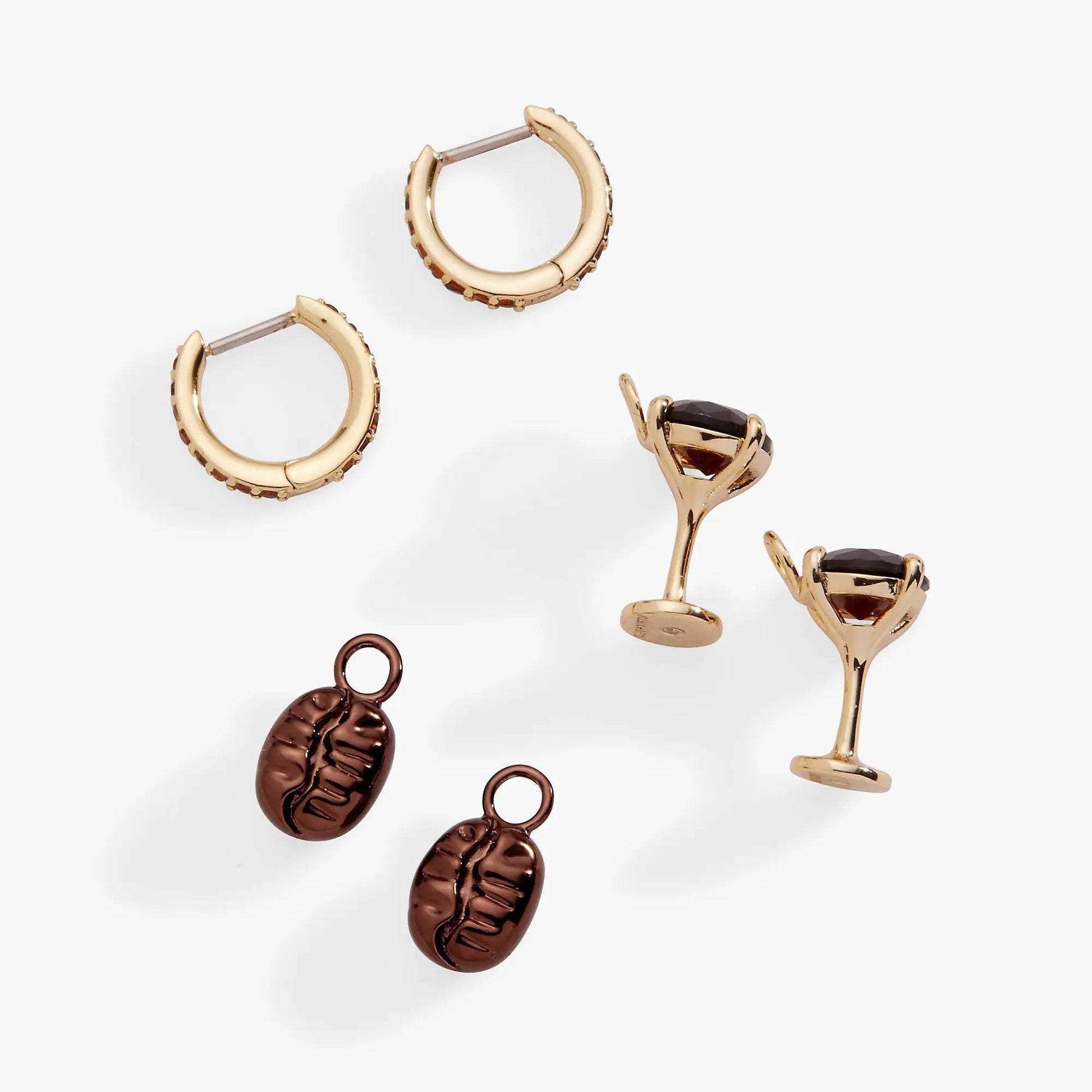 Espresso Martini interchangeable charm huggie hoops set of 2, ALEX AND ANI gold-tone brown stones on Tampa Home & Garden Store