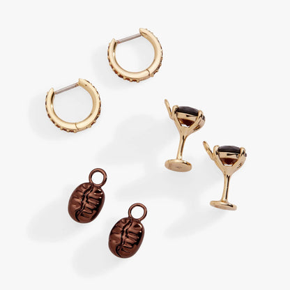 Espresso Martini interchangeable charm huggie hoops set of 2, ALEX AND ANI gold-tone brown stones on Tampa Home & Garden Store