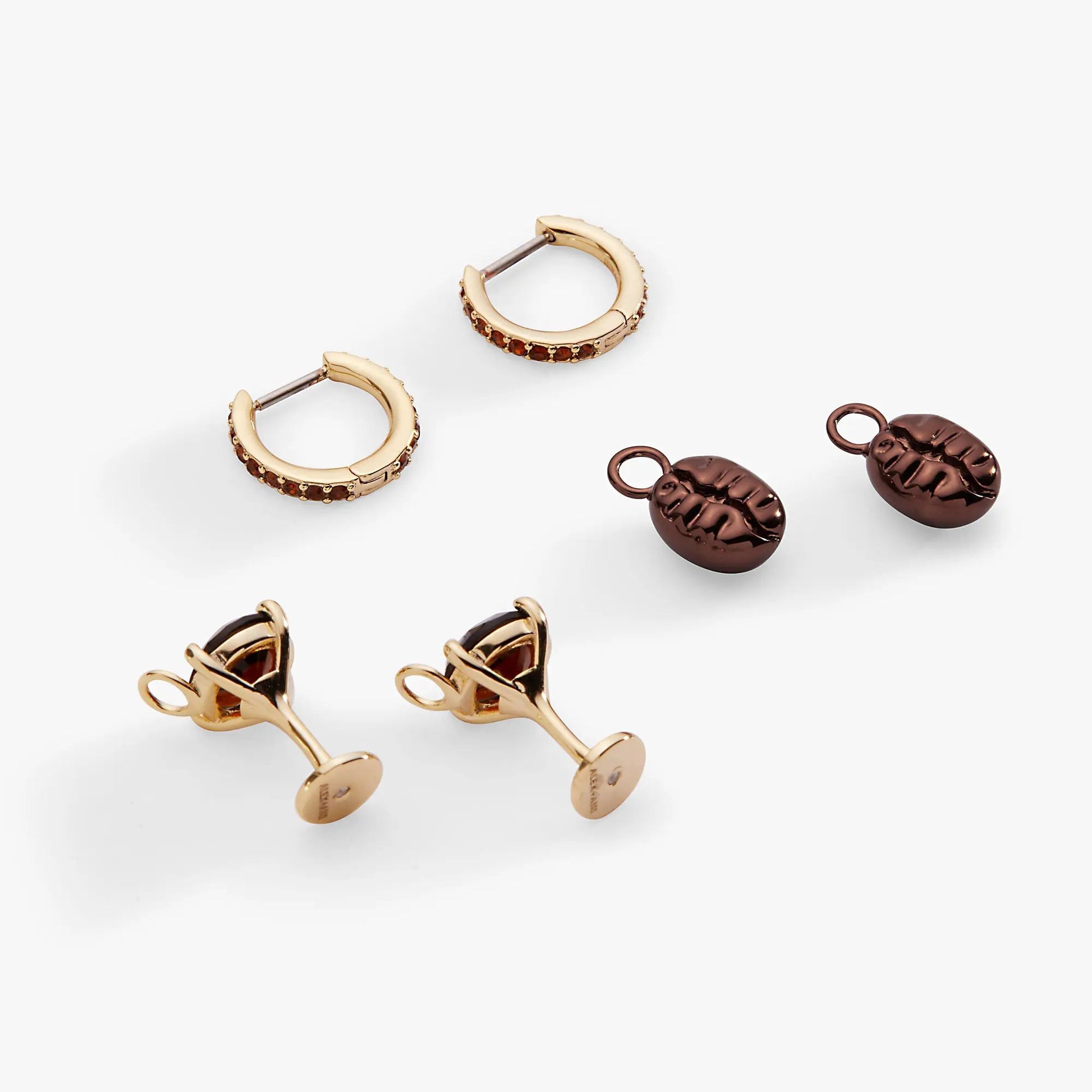Espresso Martini huggie hoops set of 2, gold-tone with brown stones on Tampa Home & Garden Store