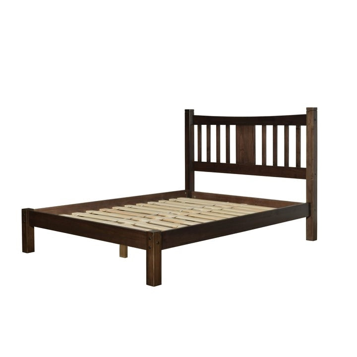 Cama de plataforma de madera maciza de pino tamaño Queen con cabecero en Espresso