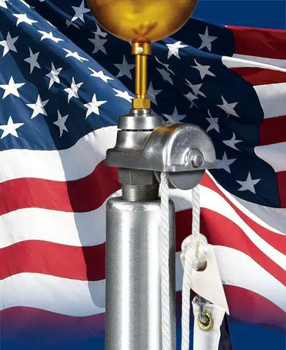 Aluminum flagpole top with external rope pulley, silver housing and gold finial, Flagman of America on Tampa Home & Garden Store