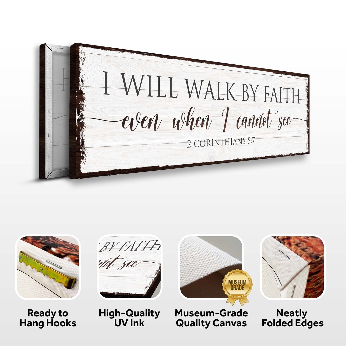 Canvas sign I Will Walk By Faith 2 Corinthians 5:7 by Tailored Canvases, distressed white wood on Tampa Home & Garden Store