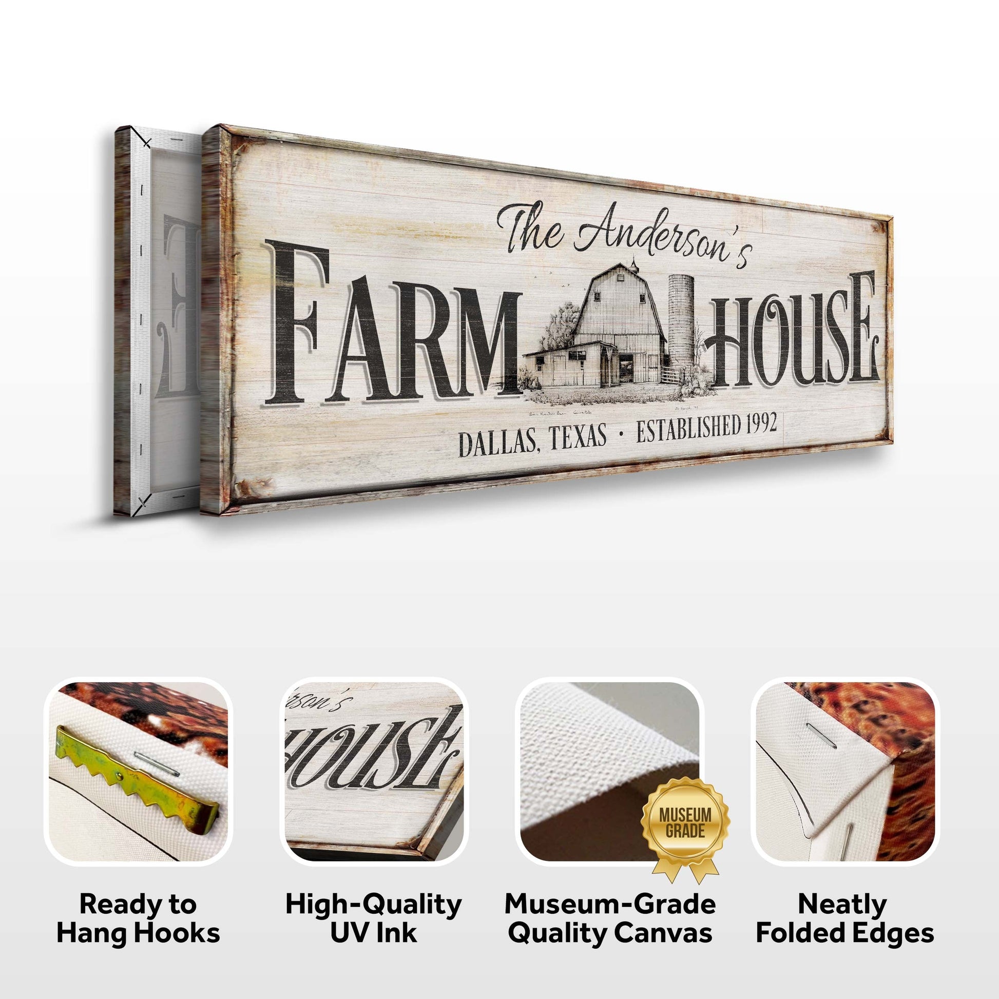 Canvas sign Rustic Farmhouse with weathered wood planks, bold FARMHOUSE lettering and barn image on Tampa Home & Garden Store