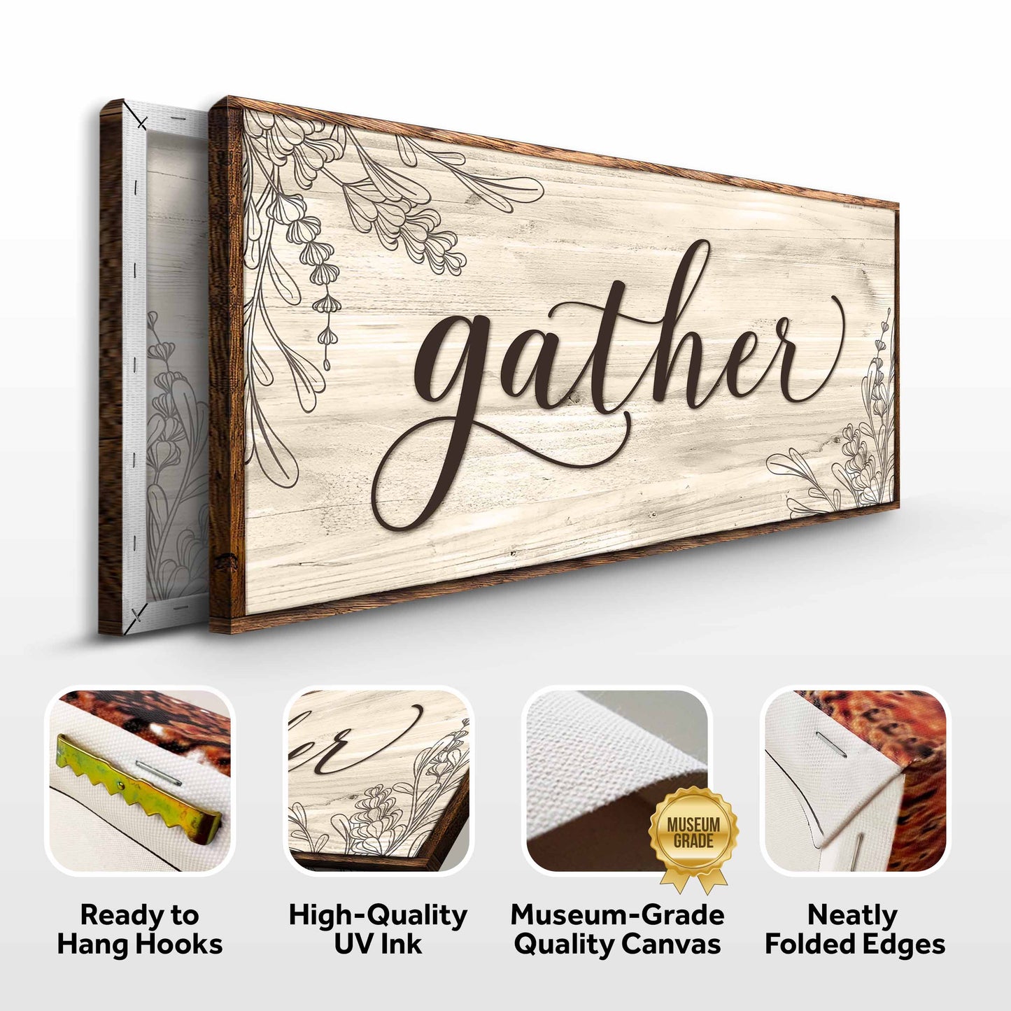 Gather Sign VIII canvas with distressed white wood backdrop and floral border on Tampa Home & Garden Store