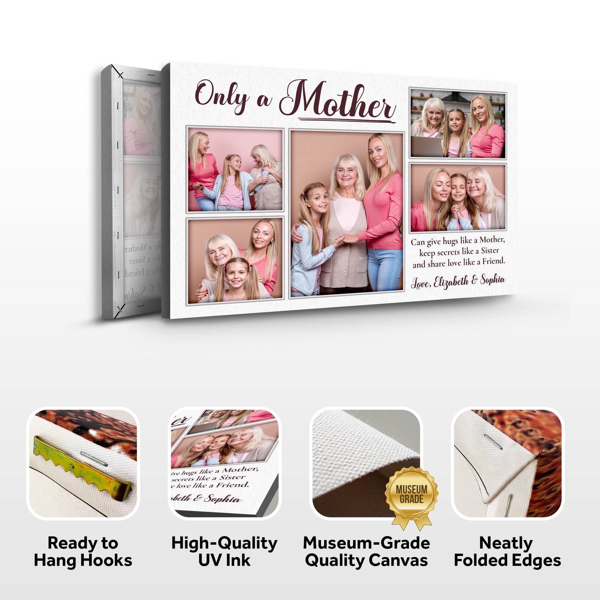 Mother's Day Sign Canvas collage by Tailored Canvases with Only a Mother script and photos on Tampa Home & Garden Store