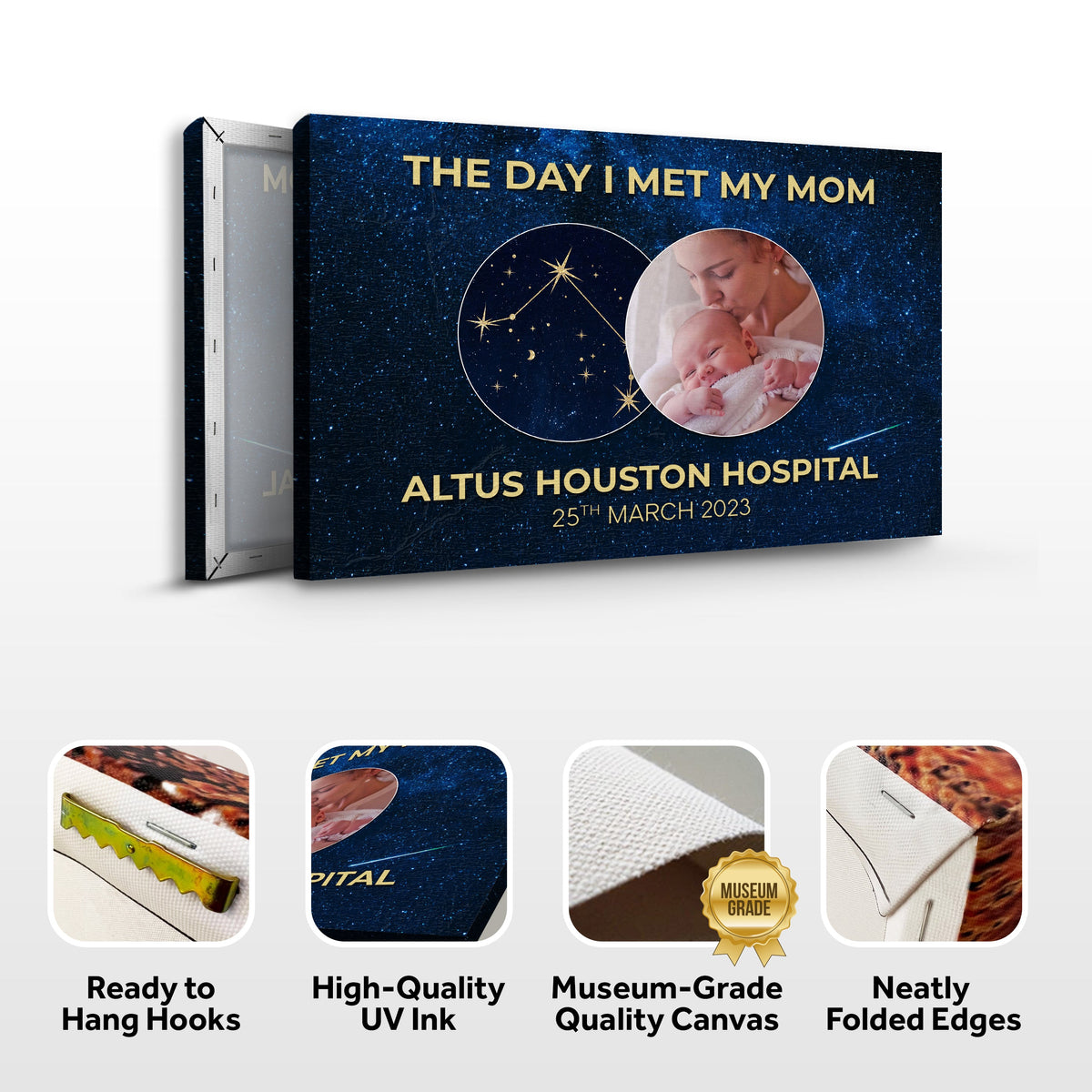 Mother's Day canvas The Day I Met My Mom starry blue backdrop with round photo portraits on Tampa Home & Garden Store