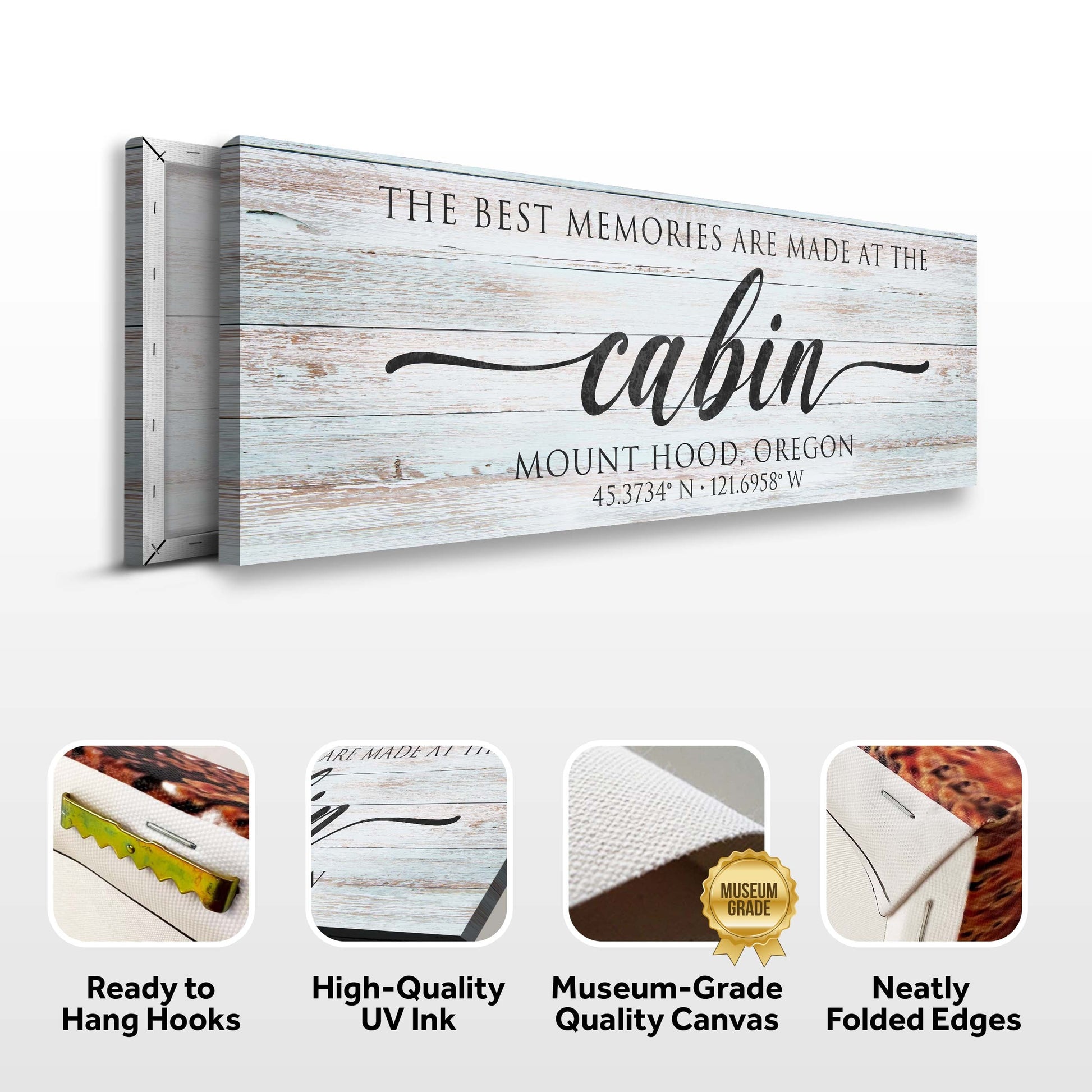 Best Memories Are Made At The Cabin Sign II canvas on rustic whitewashed wood backdrop on Tampa Home & Garden Store