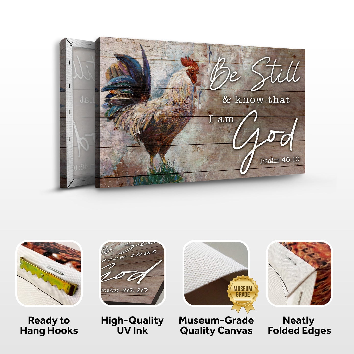 Be Still Faith Sign canvas on rustic wood with rooster artwork Tailored Canvases crafting canvas on Tampa Home & Garden Store