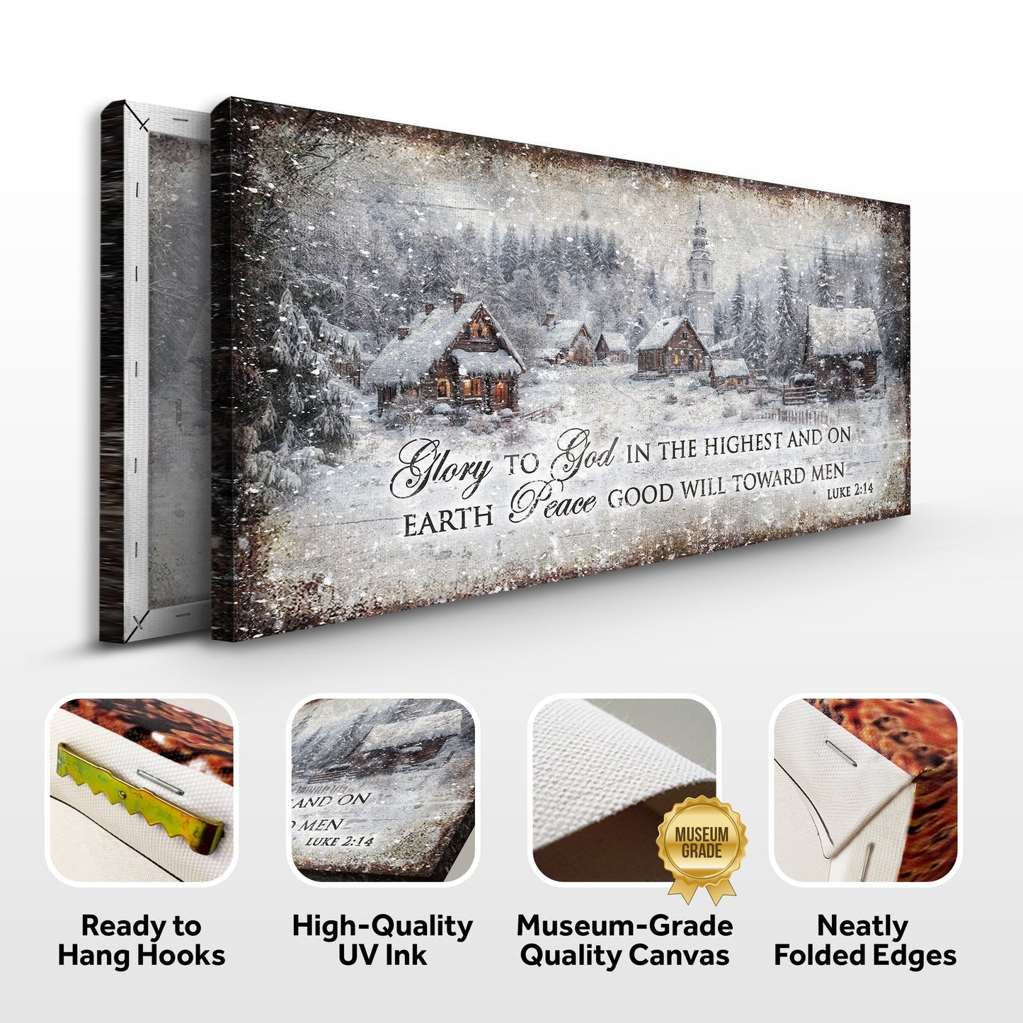 Canvas Vintage Christmas Village Luke 2:14 Scripture Sign Tailored Canvases, town scene on Tampa Home & Garden Store