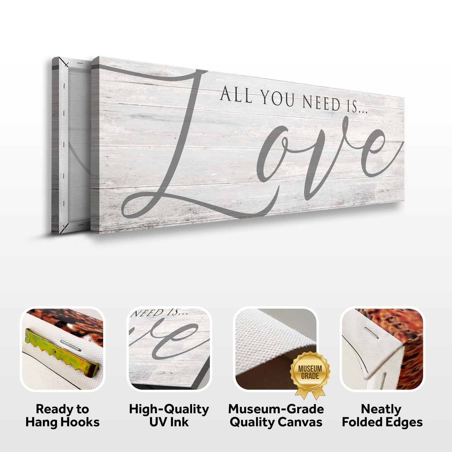 All You Need Is Love Sign IV canvas by Tailored Canvases with weathered-wood backdrop on Tampa Home & Garden Store