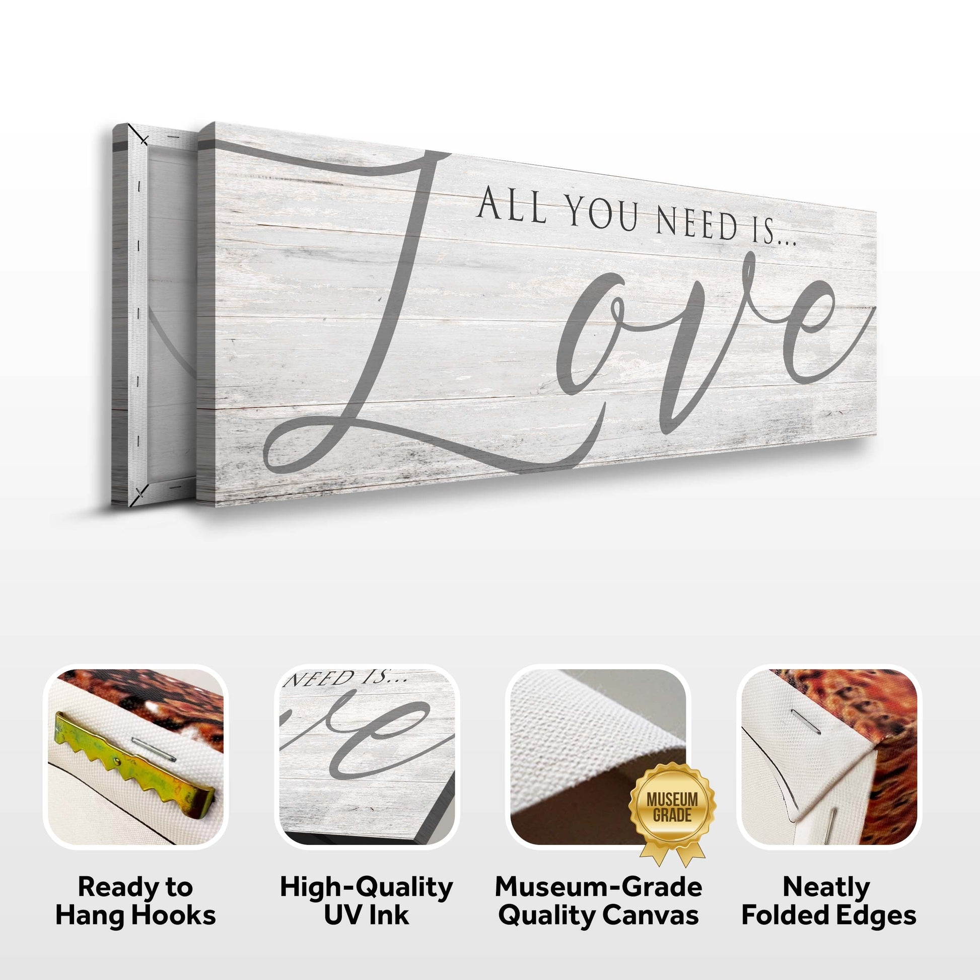 All You Need Is Love Sign IV canvas by Tailored Canvases with weathered-wood backdrop on Tampa Home & Garden Store