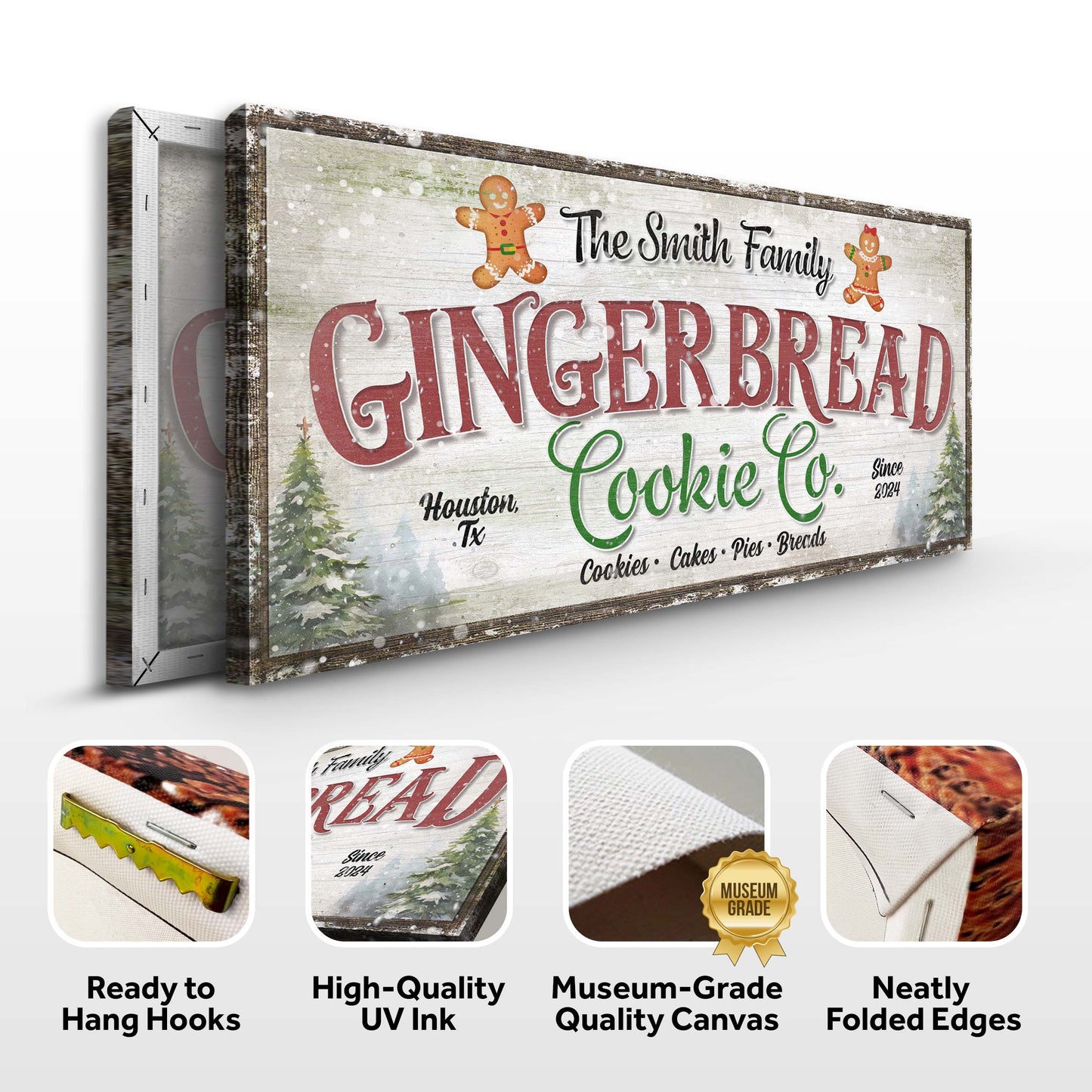 Family Gingerbread Bakery Christmas Sign III Canvas by Tailored Canvases on rustic wood on Tampa Home & Garden Store