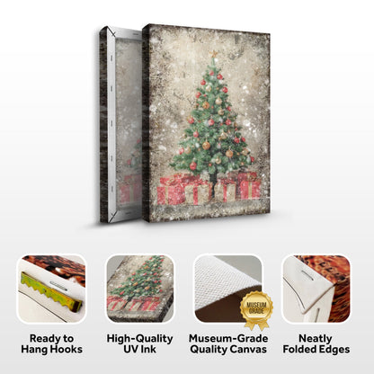 Vintage Christmas Tree With Gifts canvas wall art by Tailored Canvases in distressed beige on Tampa Home & Garden Store