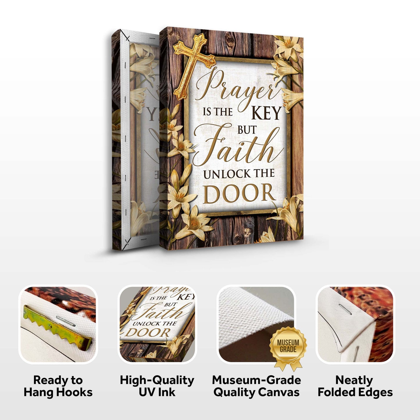Faith Sign II canvas featuring Prayer Is The Key But Faith Unlocks The Door gold cross on Tampa Home & Garden Store