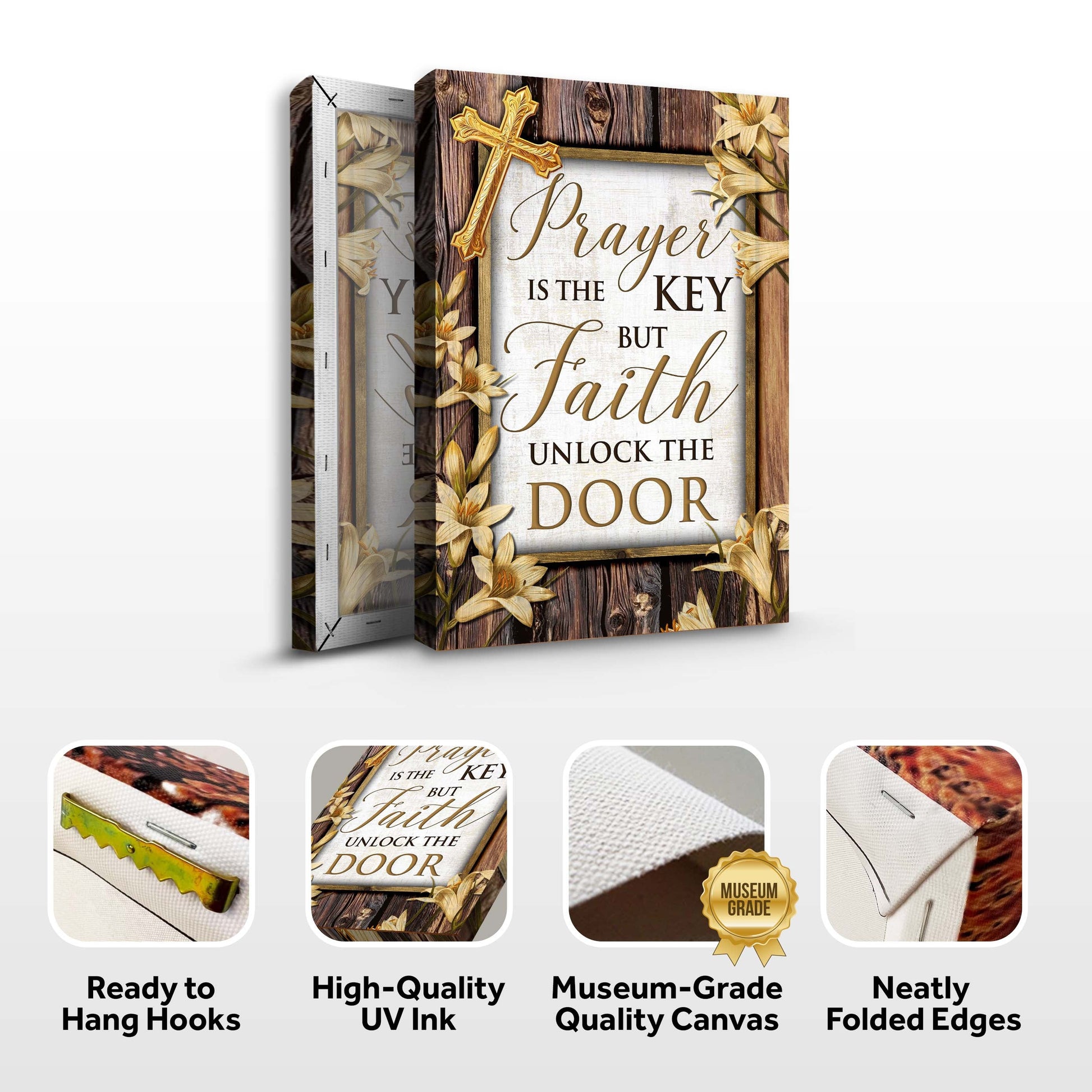 Faith Sign II canvas featuring Prayer Is The Key But Faith Unlocks The Door gold cross on Tampa Home & Garden Store