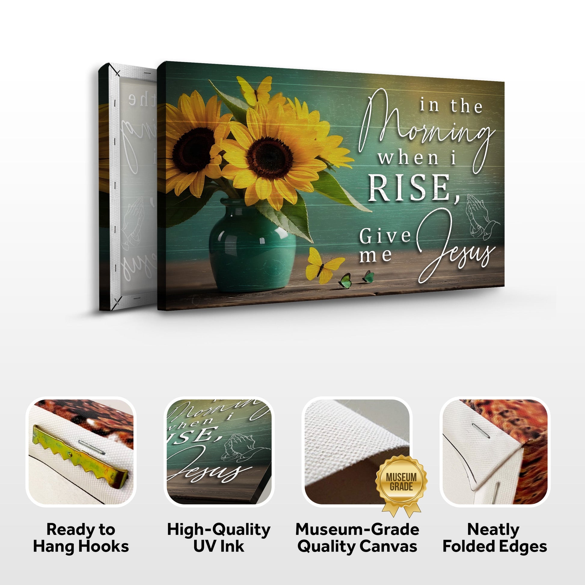 Canvas by Tailored Canvases: In The Morning Give Me Jesus Faith Sign II, sunflowers in teal vase on Tampa Home & Garden Store