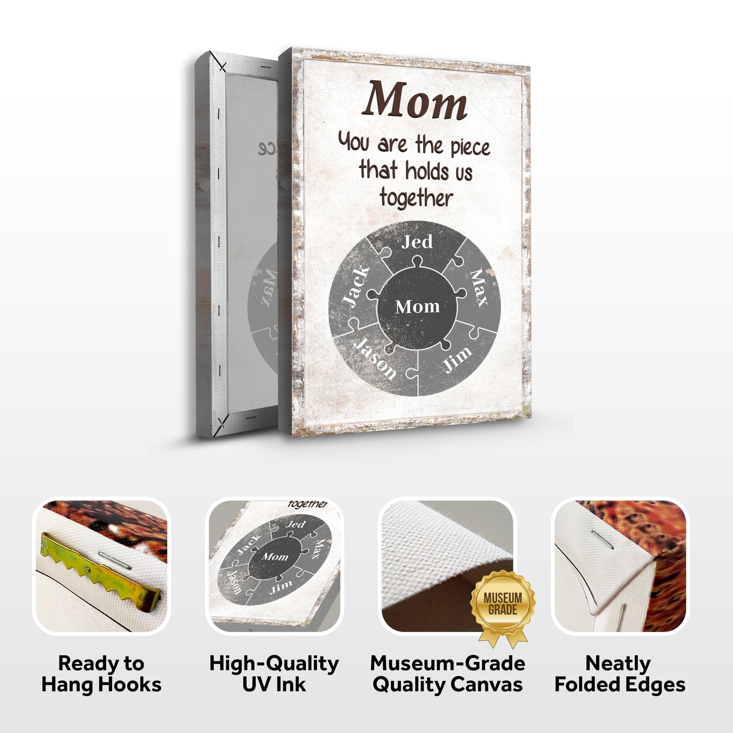 Mom Personalized Puzzle Sign canvas by Tailored Canvases with rustic distressed frame and puzzle-wheel design on Tampa Home & Garden Store