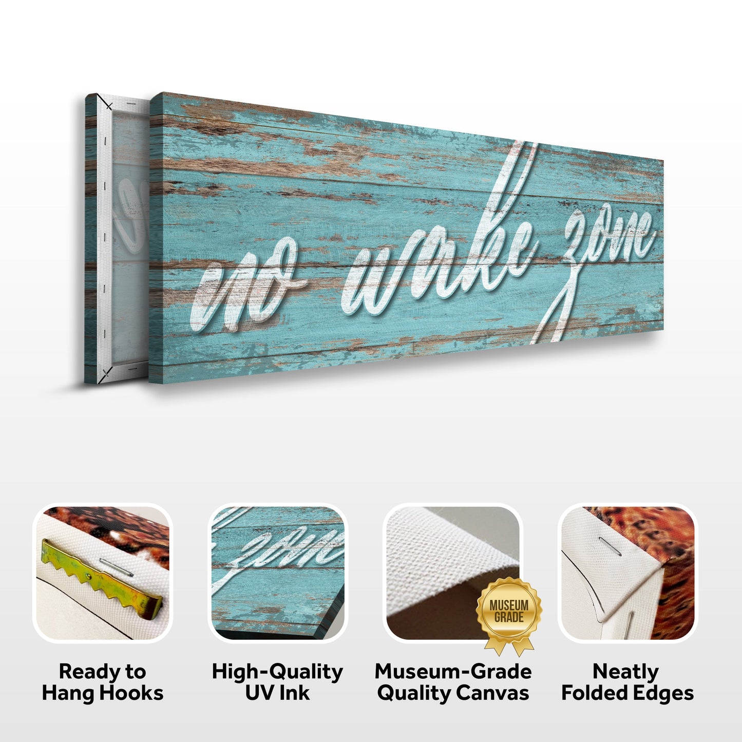 No Wake Zone XIX canvas with distressed teal wood planks Tailored Canvases on Tampa Home & Garden Store