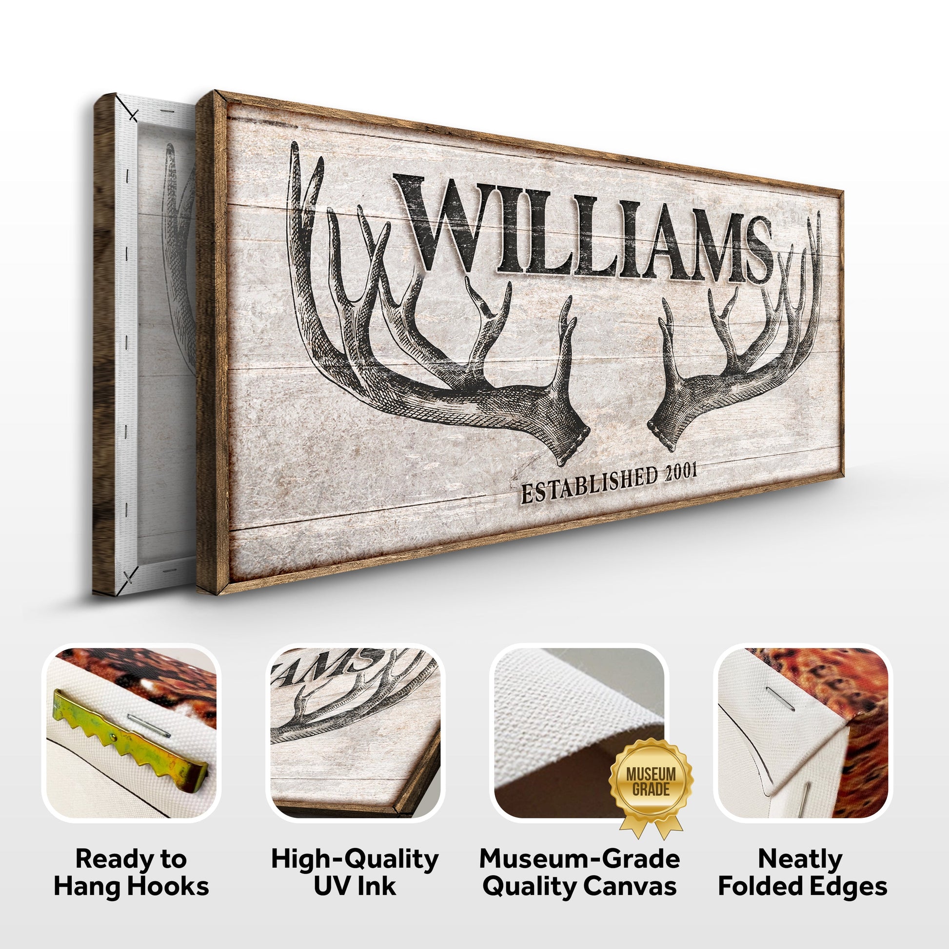 Canvas wall art Personalized Family Antler Sign IV by Tailored Canvases; distressed wood panel with deer antlers and the family name WILLIAMS on Tampa Home & Garden Store