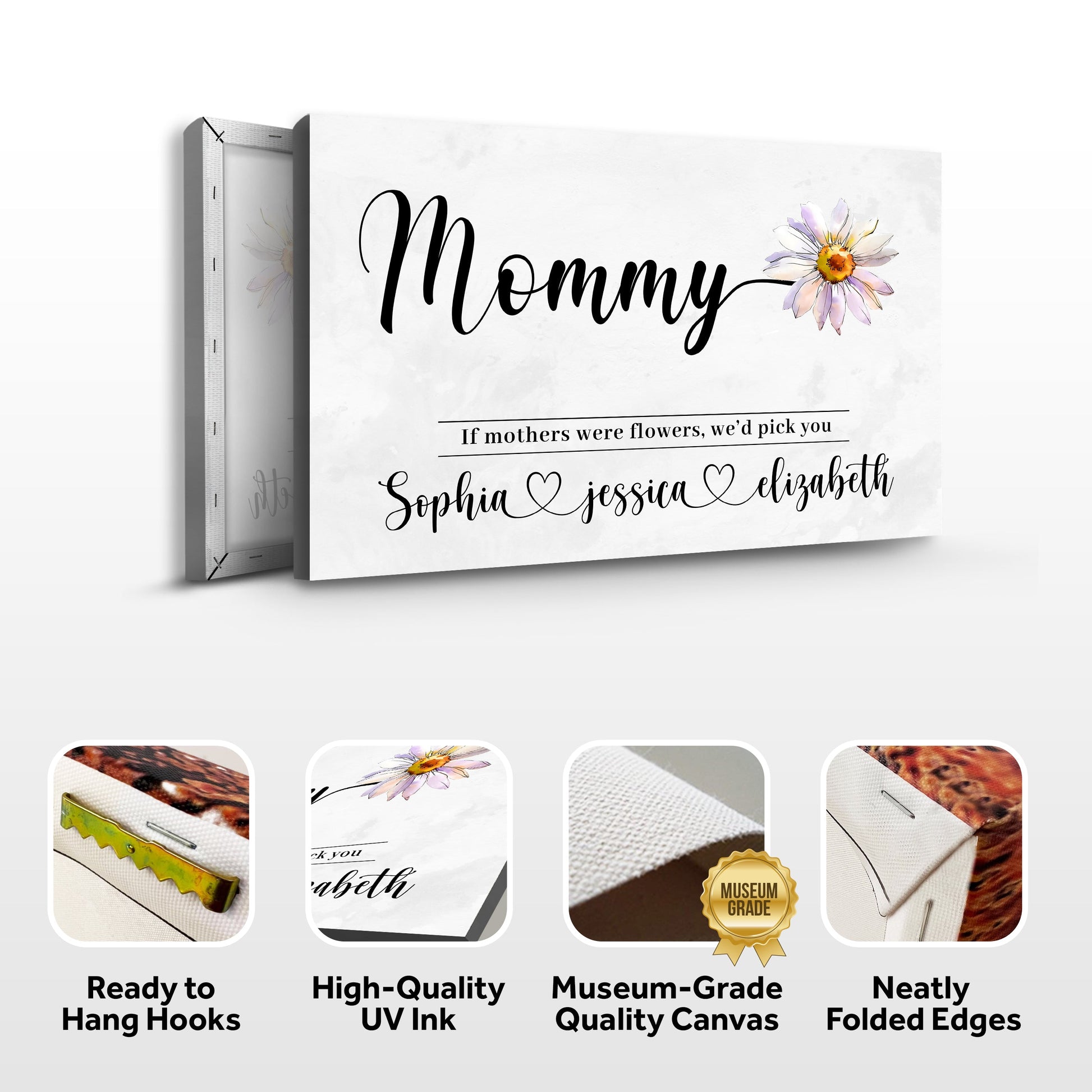 Canvas print Mother's Day Sign by Tailored Canvases with black script and purple flower on Tampa Home & Garden Store