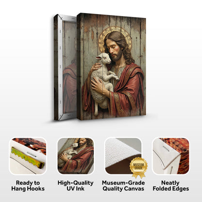 Jesus The Good Shepherd canvas, 3-panel triptych, rustic wood backdrop Tailored Canvases on Tampa Home & Garden Store